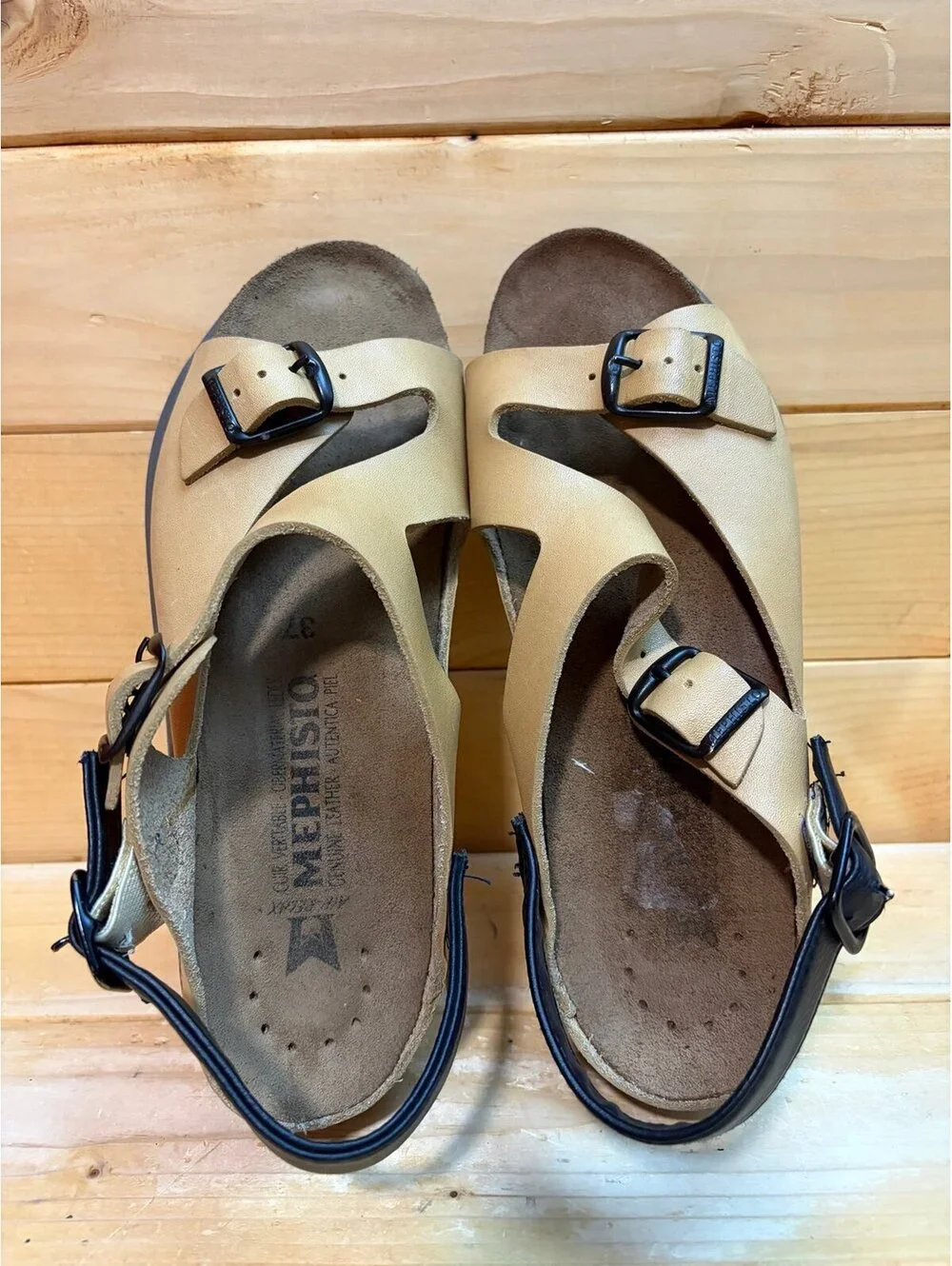 MEPHISTO Tan & Black Leather Wedge Elka Sandals Size 37 - Womens 7